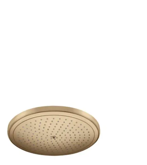 Runde Kopfbrause in Brushed Bronze mit gleichmäßig verteilten Spraydüsen von Hansgrohe, montiert an einer Decke, vor weißem Hintergrund.